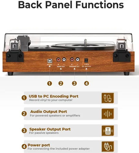 Vista 4 de Tocadiscos de vinilo vintage con altavoces estéreo externos, tocadiscos de 3 velocidades con entrada Bluetooth, grabación USB a PC, parada