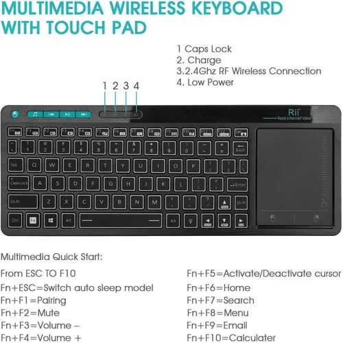 Vista 5 de Rii K18 Plus Teclado multimedia inalámbrico de 3 LED a color retroiluminado con panel táctil de gran tamaño, teclado recargable para Android TV Box