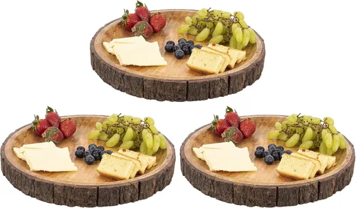 Vista 6 de GoCraft - Plato redondo de madera para servir con corteza de árbol en los bordes, plato de pizza de madera de mango, tabla para servir, plato