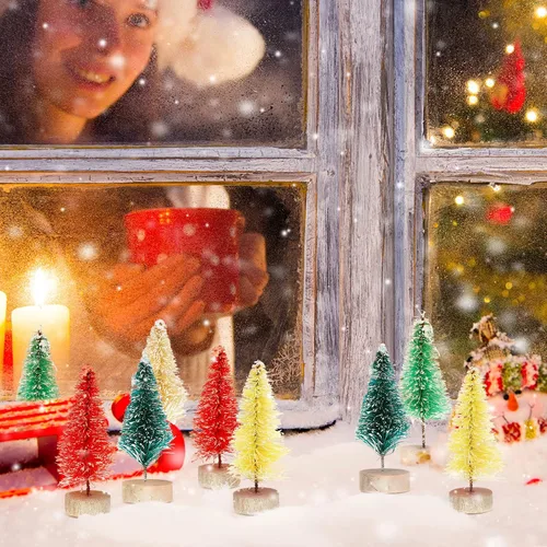 Vista 7 de Mini árboles de Navidad artificiales, cepillo para botellas, árboles helados de nieve con base de madera, árboles de mesa de plástico, adornos