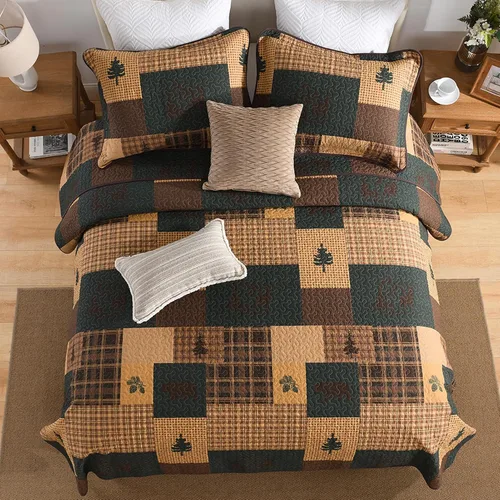 Vista 9 de SahSahCasa Juego de edredón de 100 % algodón, tamaño Queen, reversible, rústico, cabaña, edredón ligero para cama Queen, 3 piezas, beige/verde