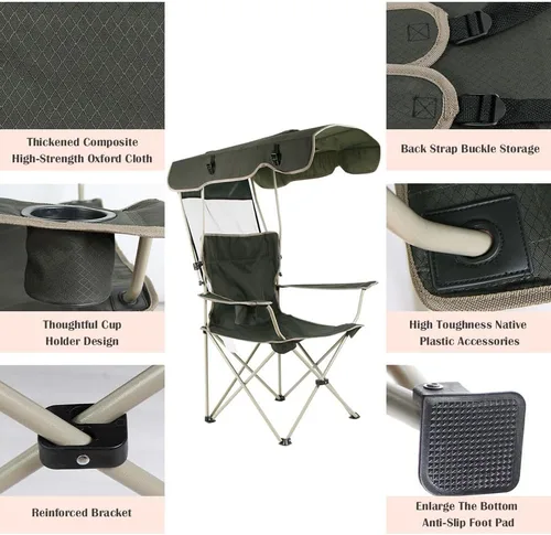 Vista 5 de Silla plegable portátil, toldo para camping, césped, playa, almohadilla reforzada, verde oscuro y caqui (caqui)