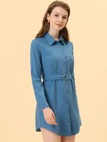 Vista 2 de Allegra K Vestido camisero con cuello con botones y mangas enrollables con cinturón para mujer