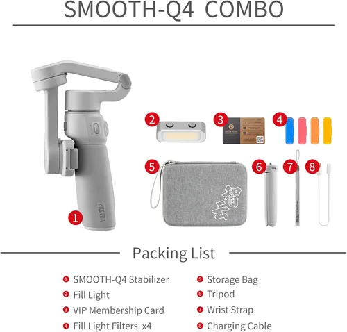 Vista 9 de ZHIYUN Smooth Q4 Combo cardán estabilizador, cardán de teléfono inteligente de 3 ejes, barra de extensión incorporada, plegable y portátil, cardán