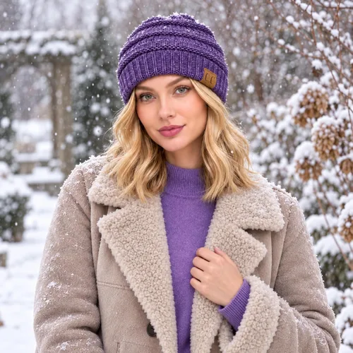 Vista 2 de CC Classic Winter Fall Trendy Chunky Stretchy Cable Knit Beanie Hat 2 tonos púrpura/azul marino