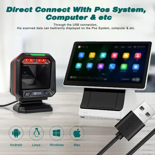 Vista 3 de OBZ Escáner de código de barras de escritorio 2D manos libres omnidireccional USB con cable lector de código de barras para 1D, PDF417, escaneo