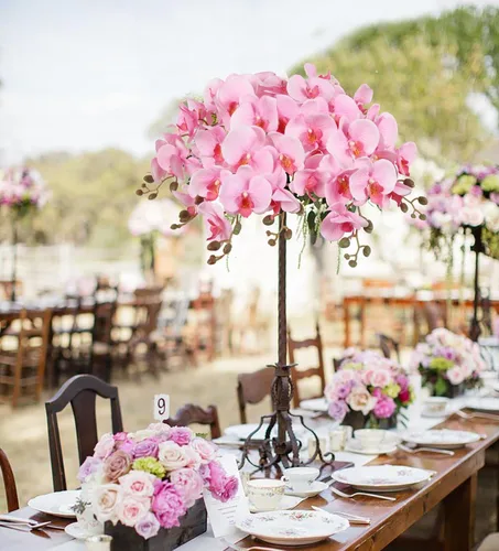 Vista 2 de Orquídeas artificiales de 38 pulgadas, 6 unidades, orquídeas falsas rosas, orquídeas de seda de terciopelo, flores artificiales de tallo largo