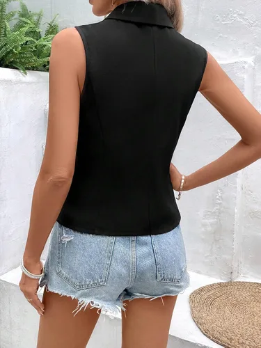 Vista 2 de WDIRARA Chaqueta elegante sin mangas con cuello de chal para mujer, chaleco de oficina