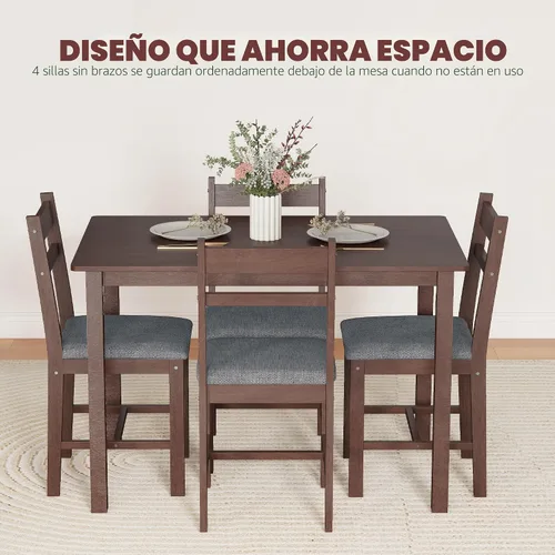 Vista 6 de HOMCOM Juego de mesa de comedor de madera maciza de 5 piezas para 4, nogal Nogal y gris