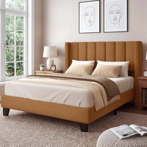 Vista 14 de Base de cama tamaño matrimonial con cabecero, marco de cama plataforma tapizado con cabecero de terciopelo tipo osito de peluche, soporte