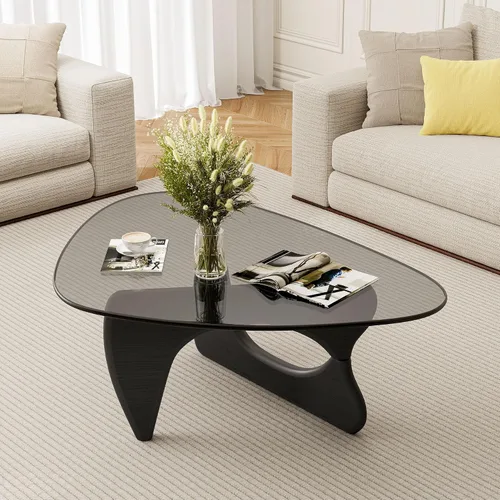 Vista 10 de Mesa de centro de cristal triangular moderna de mediados de siglo para sala de estar, mesa auxiliar minimalista para dormitorio, oficina y recepción