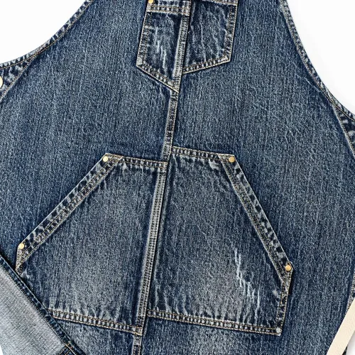 Vista 7 de Jeanerlor - Delantal de mezclilla con 4 bolsillos para mujeres y hombres - Estilo lavado correas cruzadas en la espalda y ajustable S a XXXL, Azul