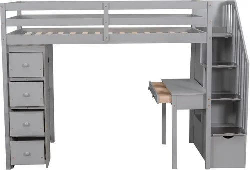Vista 7 de DEINPPA Cama tipo loft de tamaño individual con escritorio integrado y 5 cajones de almacenamiento, cama alta de madera con escaleras de Gris