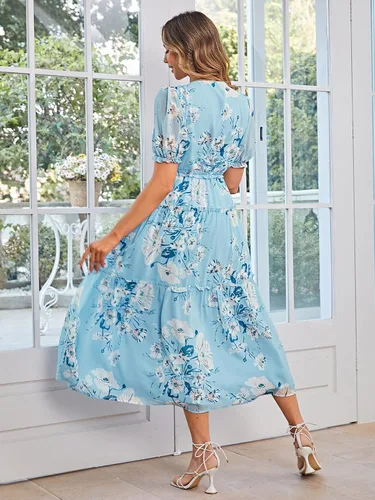 Vista 4 de Amegoya - Vestido largo casual de manga corta con cuello en V para mujer, diseño floral, estilo bohemio, para la playa, sesión de fotos, con volantes