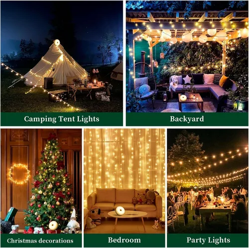 Vista 7 de Cadena de luces de campamento de 33 pies, 100 LED, 4 en 1, recargable, 100 LED, para exteriores, con 14 modos de iluminación, control remoto