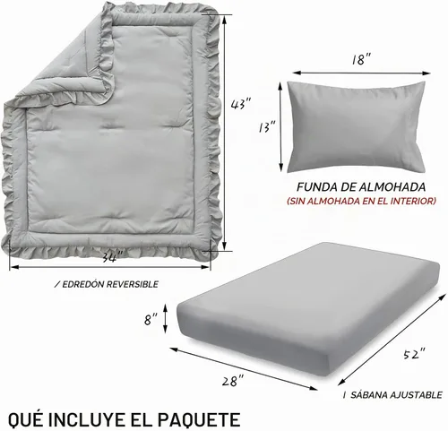 Vista 4 de Juego de ropa de cama de 3 piezas para cuna de bebé, edredón acolchado con volantes para bebé con sábana ajustable y funda de almohada - Ropa