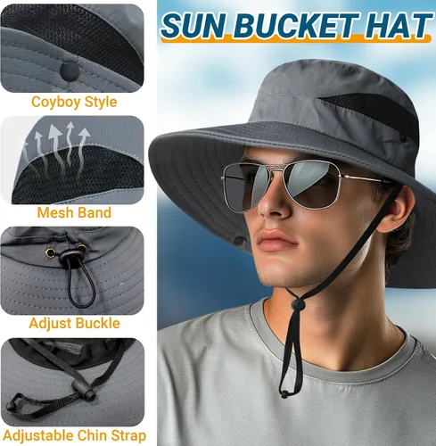 Vista 5 de NPQQUAN Sun Hats for Men Women Wide Brim UPF 50+ UV Protection Bucket Hat Gris oscuro (con malla)
