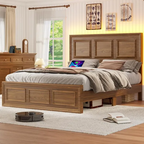 Vista 10 de Incyneva Base de cama matrimonial con cabecera ajustable en altura, marco de cama de plataforma de granja con puerto de carga y luces LED,