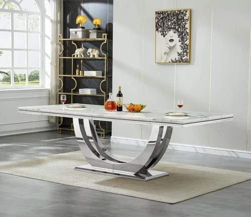 Vista 25 de Mesa de comedor de mármol negro para 4, 6, 70 pulgadas, moderna mesa de comedor de cocina dorada con base de acero inoxidable con diseño