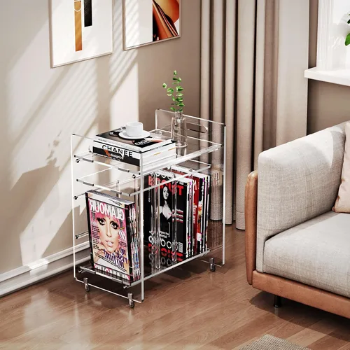 Vista 7 de Soporte de acrílico para tocadiscos con estante de almacenamiento, soporte para tocadiscos de vinilo transparente, mesa auxiliar de 3 niveles