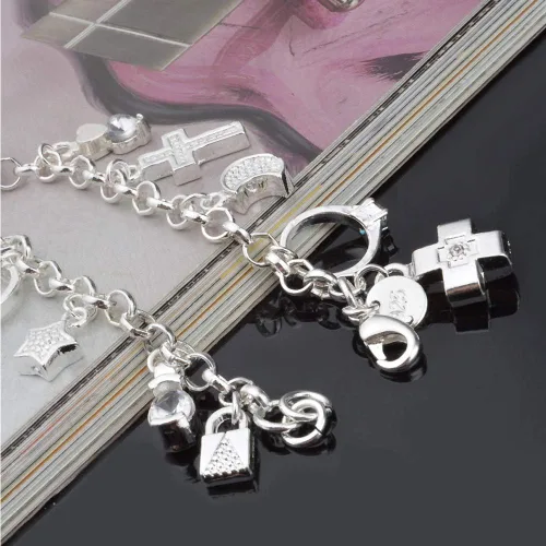 Vista 4 de Aeora Pulsera de plata S925 de trece piezas colgantes para mujer, pulseras de regalo y brazaletes de joyería, Plata