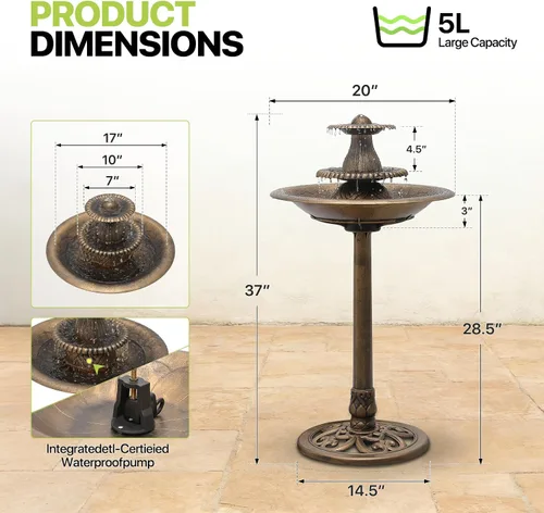 Vista 2 de Magshion Baños para pájaros de 3 niveles de 37 pulgadas de alto para exteriores, baño vintage para pájaros con pedestal con bomba de recirculación