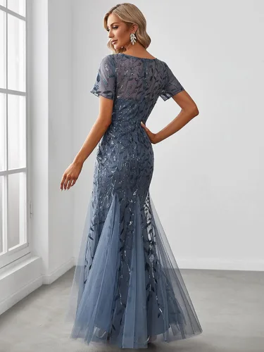 Vista 2 de Ever-Pretty - Vestido de noche elegante de sirena con bordado de lentejuelas, manga corta, escote ilusión para mujer, 07707-USA