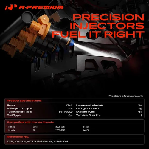 Vista 2 de A-Premium Inyectores de combustible compatibles con Honda Civic 2006-2011 1.8L, compatible con 2009-2013 1.5L, repuesto # 16450RNAA01 4-PC Set