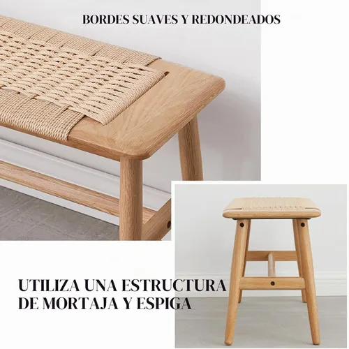 Vista 4 de Banco 100% de madera de roble macizo, diseño tejido a mano, construcción sólida de mortaja y espiga, estructura sólida de patas de silla, bancos