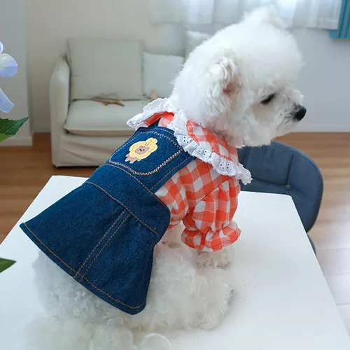 Vista 8 de Ropa de perro para perros pequeños y niña, lindos vestidos de mezclilla para mascotas, vestido de princesa con lazo para cachorro, ropa de princesa