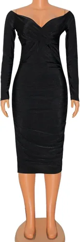 Vista 3 de Elainone Vestido midi entallado de manga larga con hombros descubiertos para mujer, vestido de invitada de boda, elegante, cóctel, fiesta, club