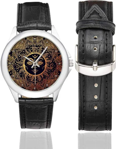 Vista 2 de Resumen Paisley Mandala Impermeable De Acero Inoxidable Clásico Correa De Cuero Relojes, Negro, Diseño #3