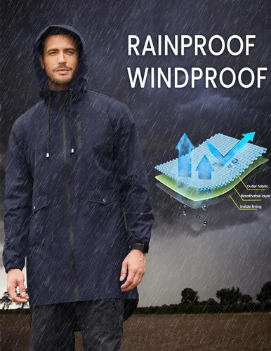 Vista 2 de COOFANDY Chubasquero largo para hombre, chaqueta impermeable para exteriores, con capucha
