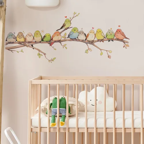 Vista 3 de Calcomanías de pared de dibujos animados con encantadores pájaros en la rama, calcomanías de pared para niños, removibles, despegar y pegar, arte