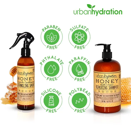 Vista 2 de Urban Hydration Honey Health and Repair Champú y desenredante Duo Pack Sin sulfatos, parabenos ni tintes, limpia, desenreda, hidrata, doma