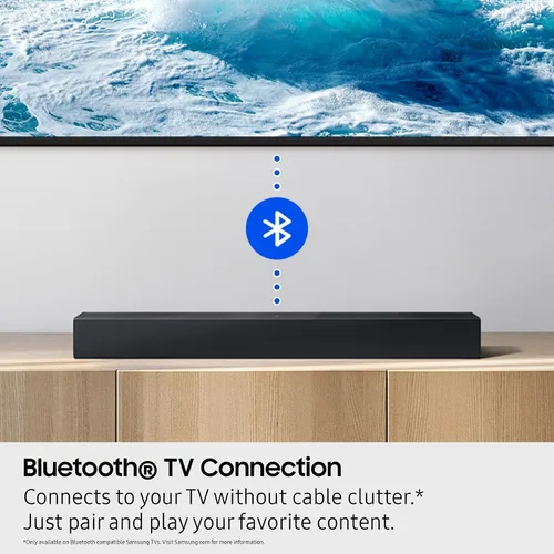Vista 2 de Samsung Barra de sonido HW-B400F Serie B, 2.0 canales con woofer incorporado, mejora de voz y modo nocturno, expansión de sonido envolvente