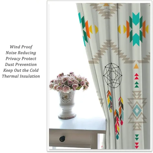 Vista 411 de Cortinas con patrón geométrico tribal, estilo suroeste, azteca, rústico, occidental, nativo americano, opacas, con bolsillo para barra, decoración