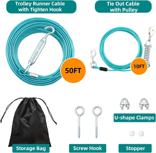 Vista 2 de Correa Corrediza para Perros de 50 Pies para Patio con Cable de Sujeción de 10 Pies - Sistema de Polea Resistente para Perros Grandes de Hasta 250