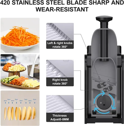 Vista 4 de Cortador de mandolina 5 en 1 seguro para cocina, picador de verduras seguro, cuchillo de pelar, grosor ajustable, fácil de limpiar, rebanador
