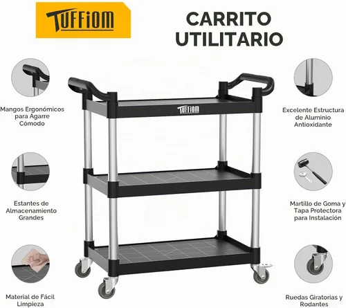 Vista 2 de TUFFIOM Carrito de servicio de plástico de 3 niveles con ruedas, resistente capacidad de 390 libras, rodante comercial, ideal para restaurantes