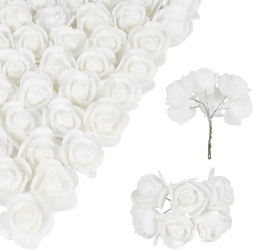 Vista 10 de Ramo de rosas negras con purpurina, 72 piezas de rosas artificiales de espuma con tallos para bricolaje, boda, hogar, fiesta, Navidad, Halloween 72