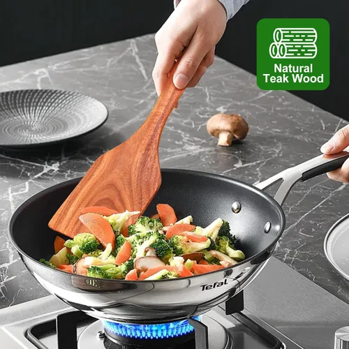 Vista 2 de Juego de 5 cucharas de madera para cocinar, espátulas de madera de teca, espátulas ranuradas para utensilios de cocina antiadherentes, cuchara