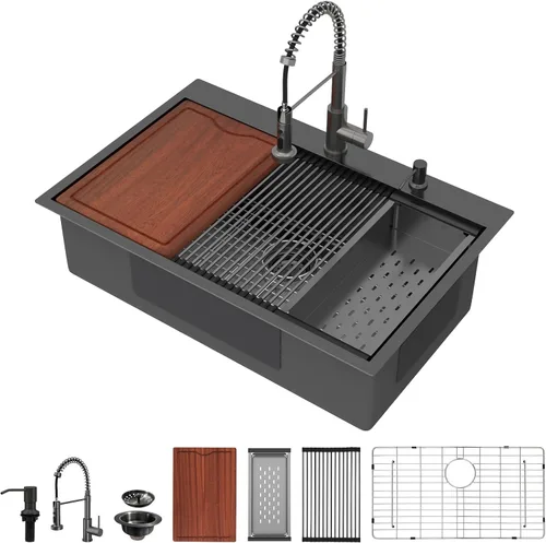 Vista 10 de Fregadero de cocina negro de 30"x19", estación de trabajo con revestimiento nano, acero inoxidable 304 calibre 16, hecho a mano, montaje superior