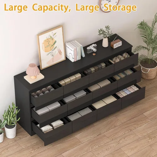 Vista 4 de Cómoda de 12 cajones con estación de carga, cómoda grande moderna con 12 cajones sin asas, cómoda de almacenamiento de madera para dormitorio, sala