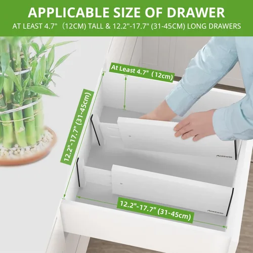 Vista 4 de ANTOWIN Paquete de 4 separadores de cajones expandibles, 4.7 pulgadas de alto, se extienden de 12.2 a 17.7 pulgadas, organizadores de cajones