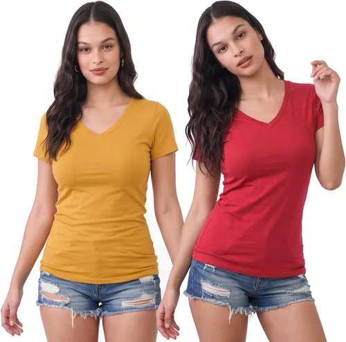 Vista 47 de Emmalise Camiseta de manga corta para mujer, cuello en V, tallas junior y plus