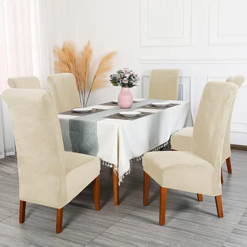 Vista 2 de Fundas elásticas para sillas de comedor, fundas protectoras de asiento extraíbles de terciopelo suave para sillas Parson (2, beige)