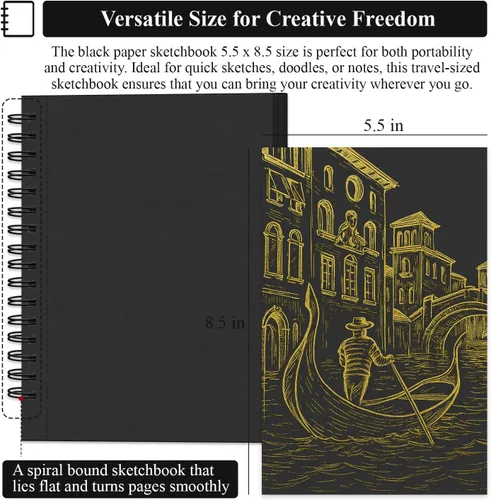 Vista 2 de Cuaderno de bocenas de papel negro SuFly 5.5 x 8.5, 60 hojas (90lb/150gsm) Papeles de artista para dibujo Papel negro para lápices