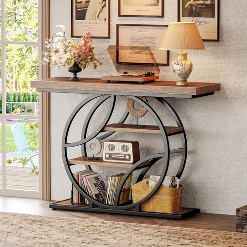 Vista 9 de Huuger Mesa de entrada de 41.3 pulgadas, mesa de sofá industrial con consola y almacenamiento, mesa de acento con estantes, para entrada, pasillo