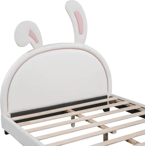 Vista 4 de Bonita cama tapizada de piel sintética de tamaño matrimonial con adorno de conejo y cabecero, para uso en la habitación de niños y niñas